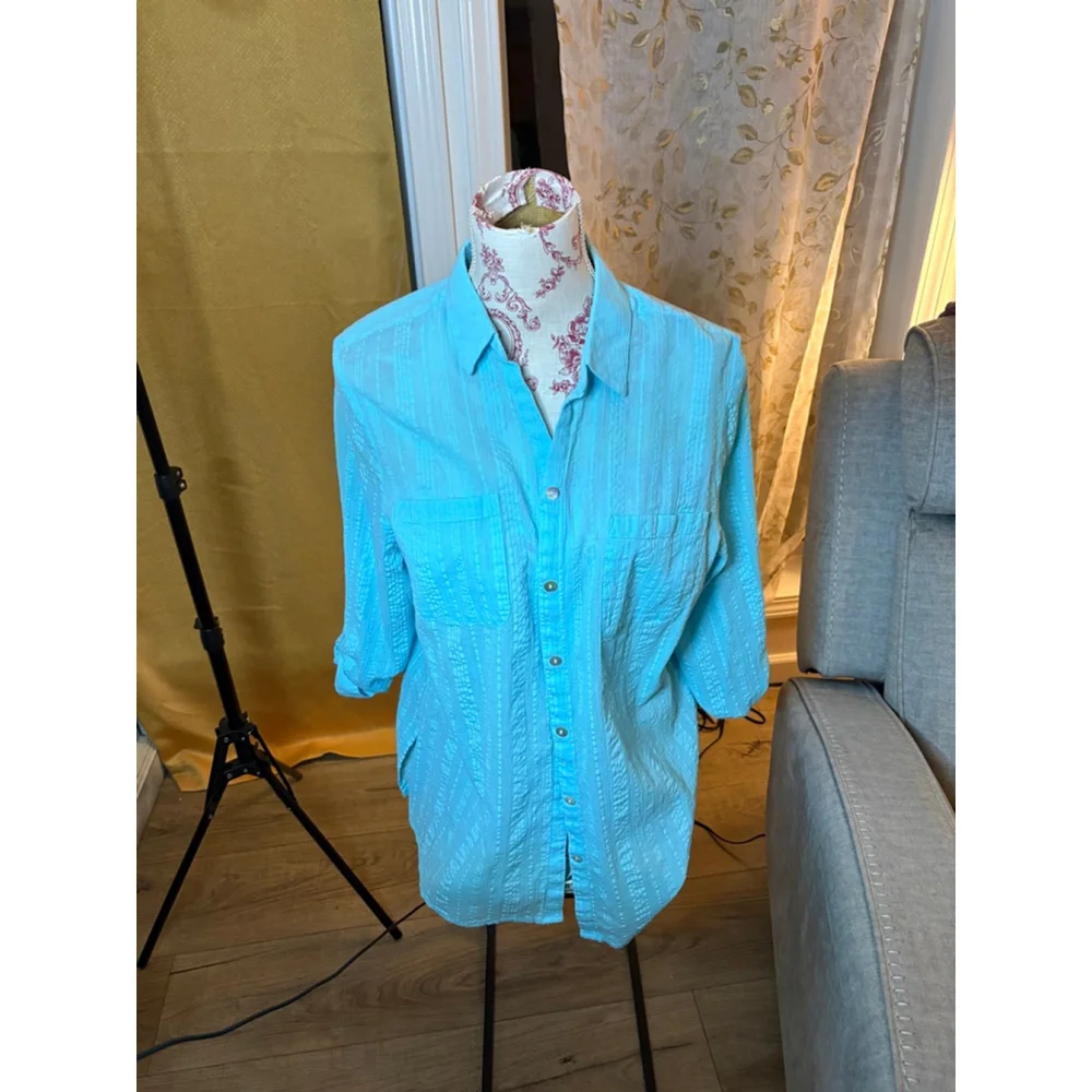 CHICO'S Turquoise Blue Lightweight Button Down Blouse Coastal SZ 2 Large - Picture 2 of 8